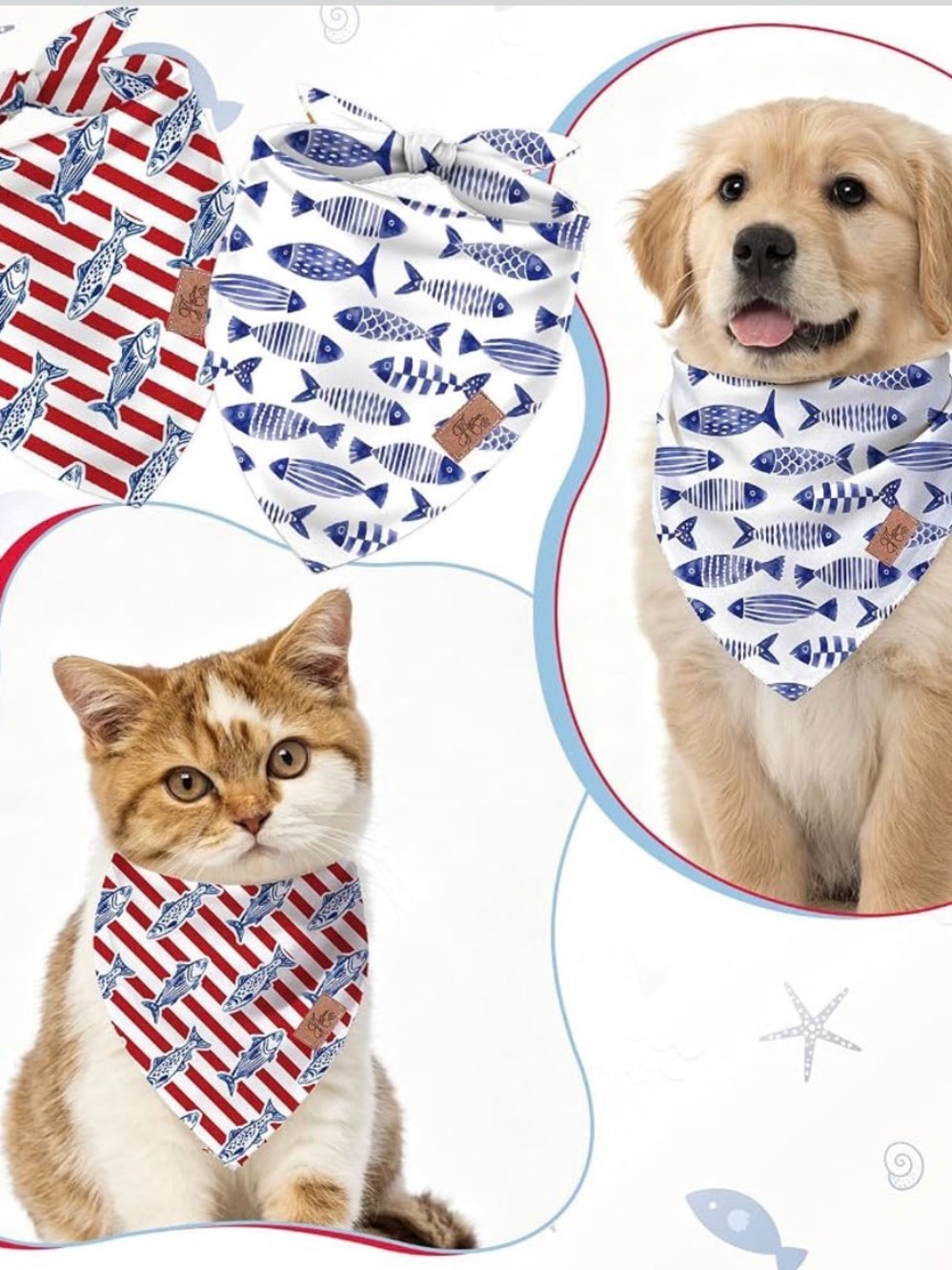 Amazon Reversible Dog Bandanas – Blue Fish & Red Stripe Set